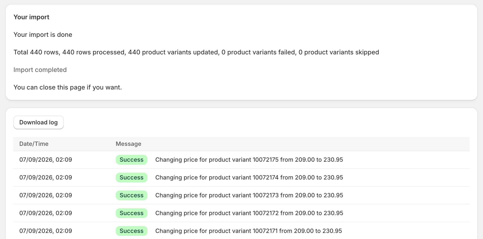 A price update CSV with SKU and price columns filled in