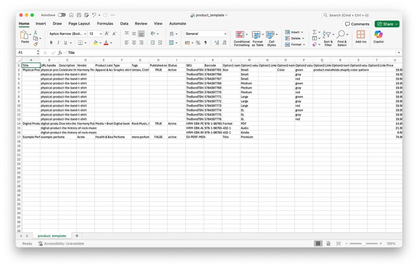 Shopify product CSV template showing product and variant columns