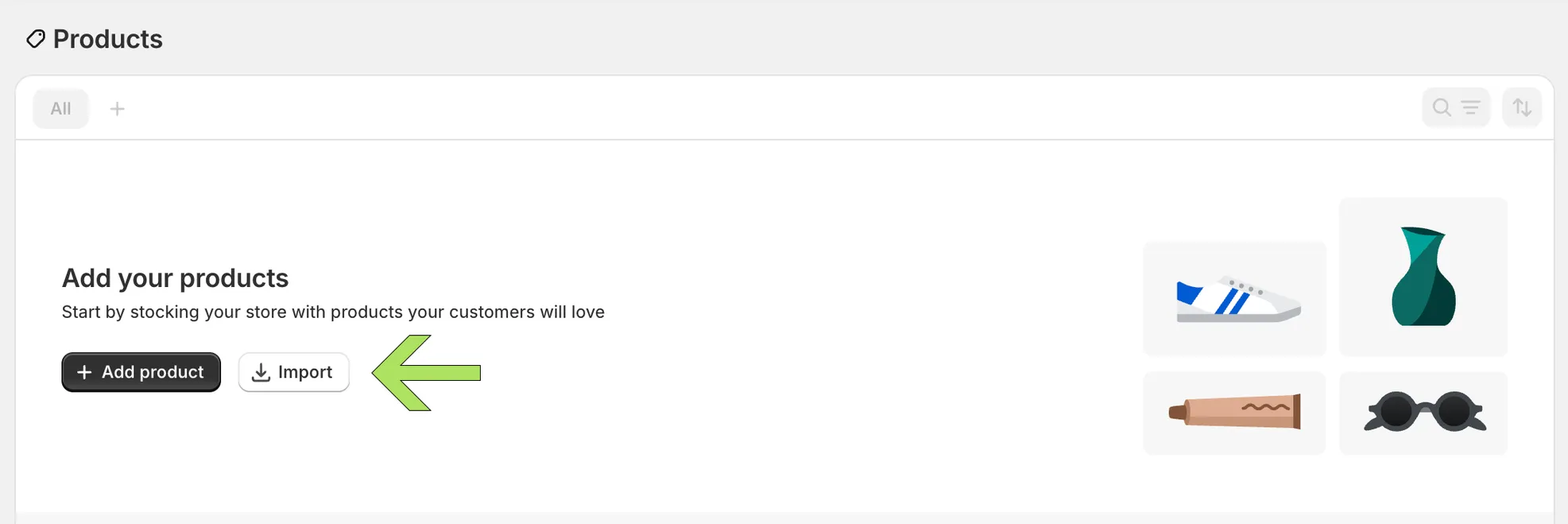 Shopify admin product import dialog for uploading a CSV file