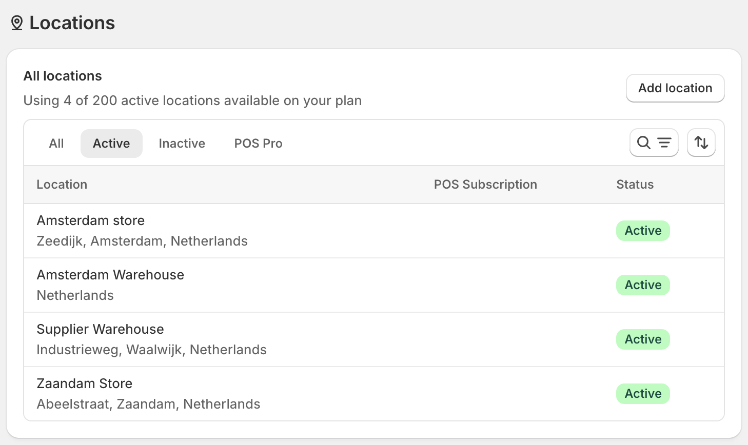 Shopify Locations page listing Amsterdam store, Amsterdam Warehouse, Supplier Warehouse and Zaandam Store, using 4 of 200 active locations available on the plan