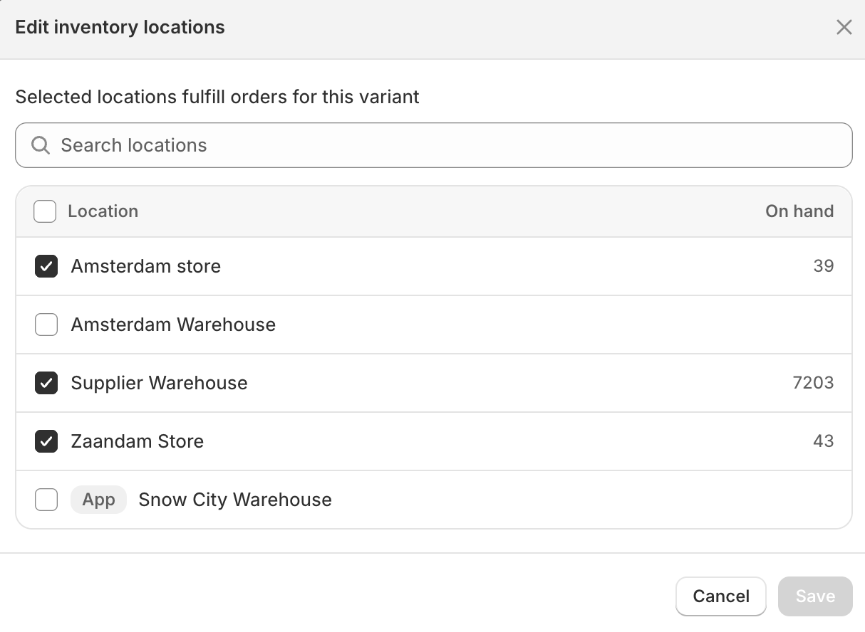Edit inventory locations dialog with Amsterdam store, Supplier Warehouse and Zaandam Store checked, showing on-hand quantities of 39, 7203 and 43