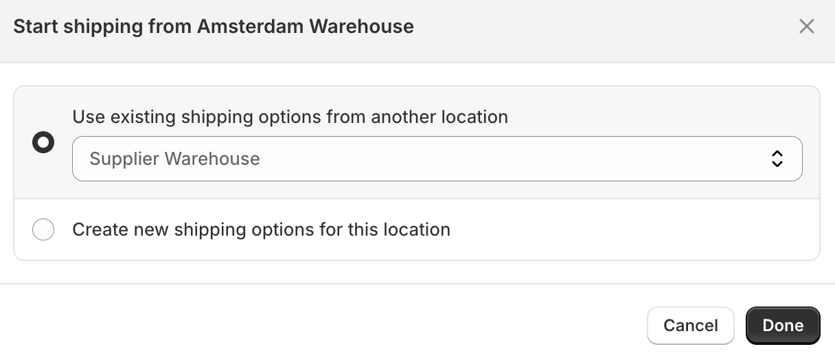 Start shipping from Amsterdam Warehouse dialog, with Use existing shipping options from another location selected and Supplier Warehouse chosen from the dropdown