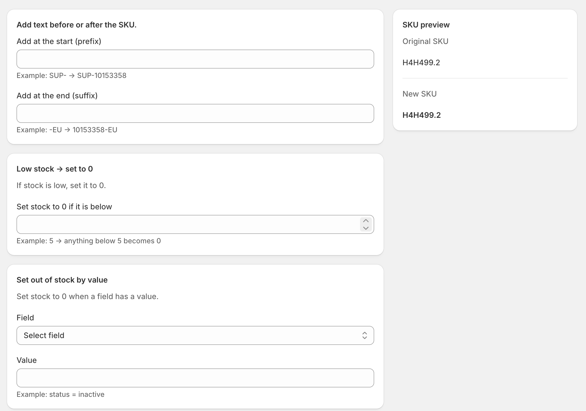 Simple CSV advanced inventory rules for SKU formatting and stock handling