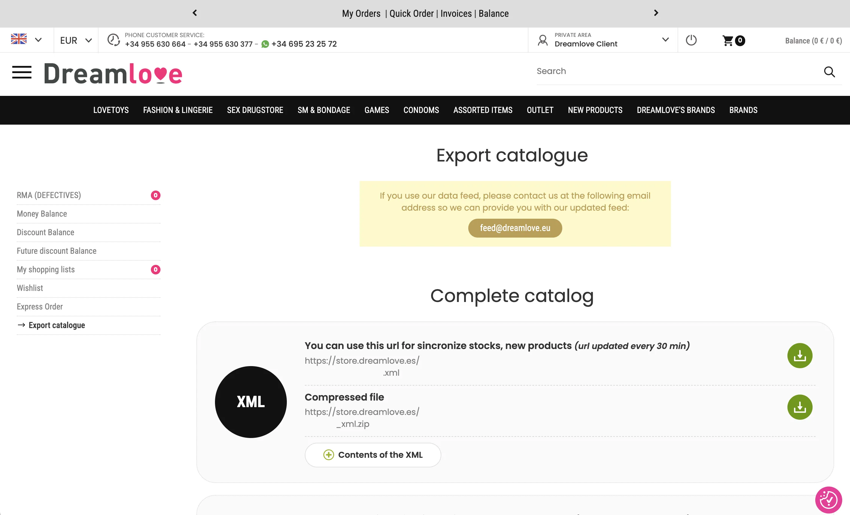Dreamlove's Export catalogue page showing the XML file and XML Compressed file download links