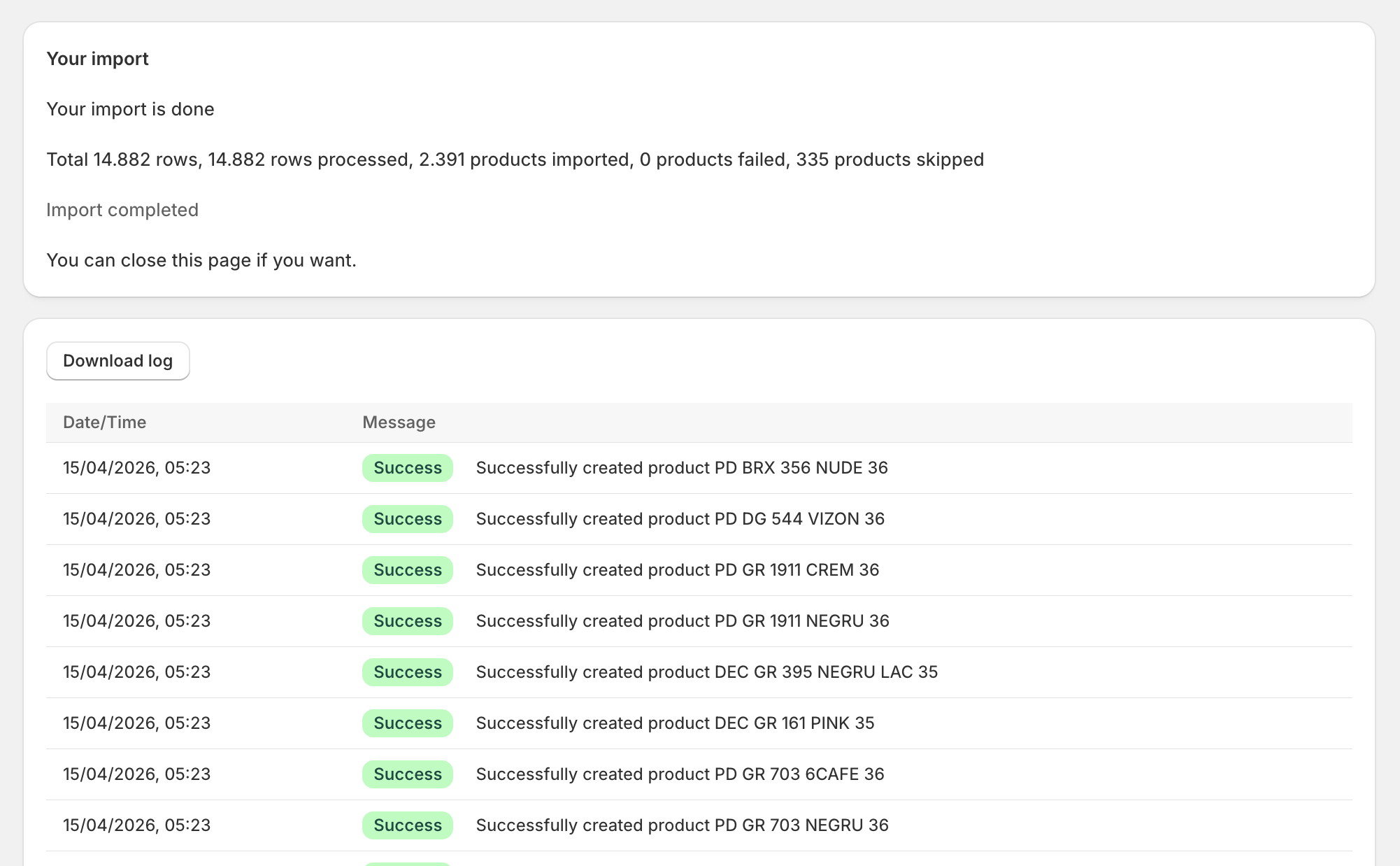 Simple CSV completed import status page with row-level log entries