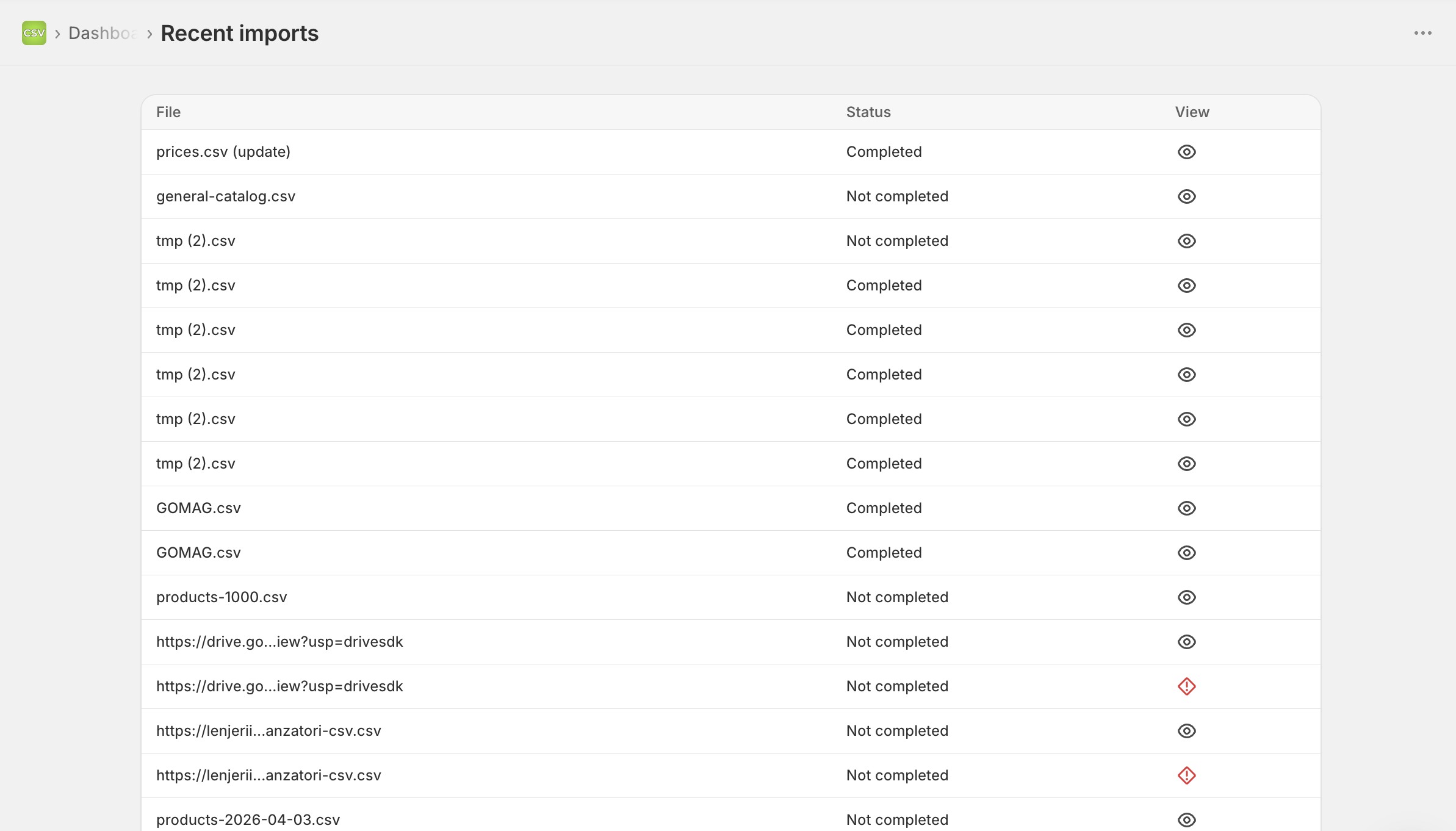 Simple CSV recent imports list with scheduled import statuses