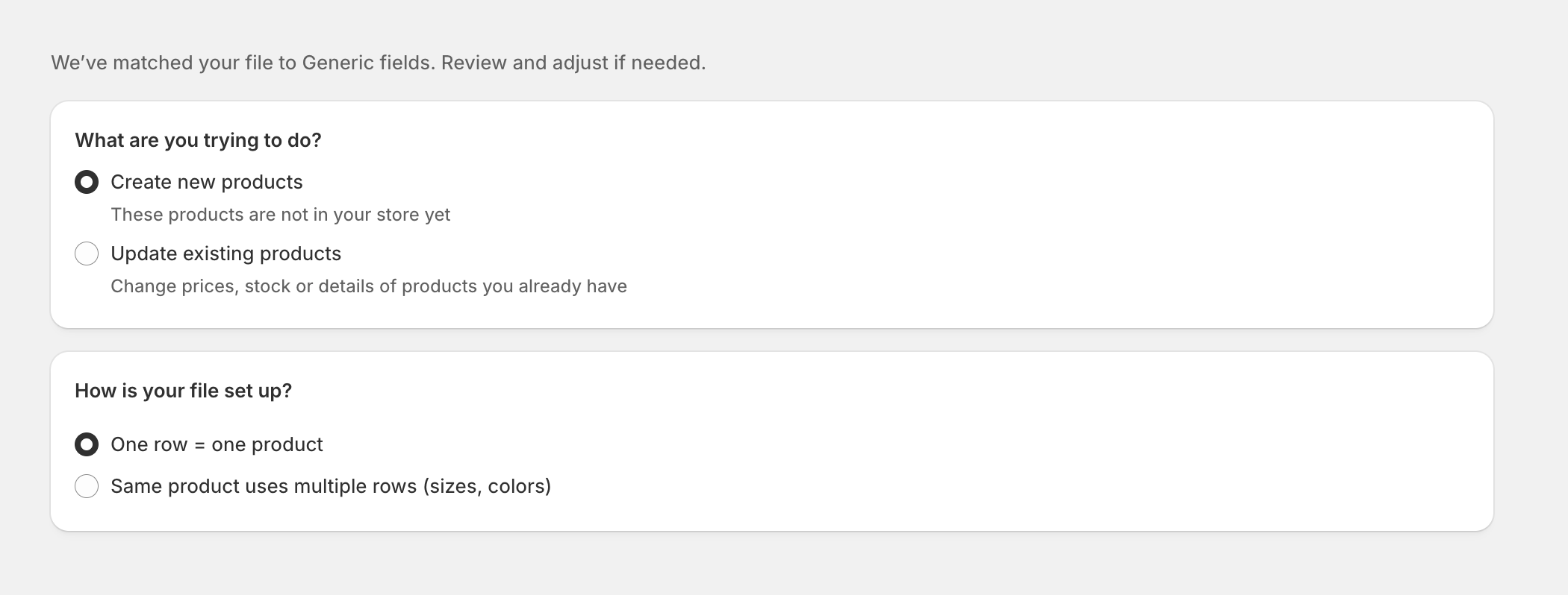Simple CSV import strategy screen for choosing create or update imports