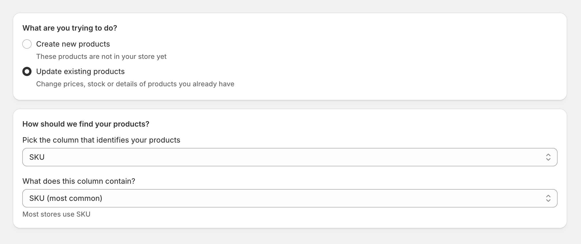 Simple CSV product matching dropdown for update imports